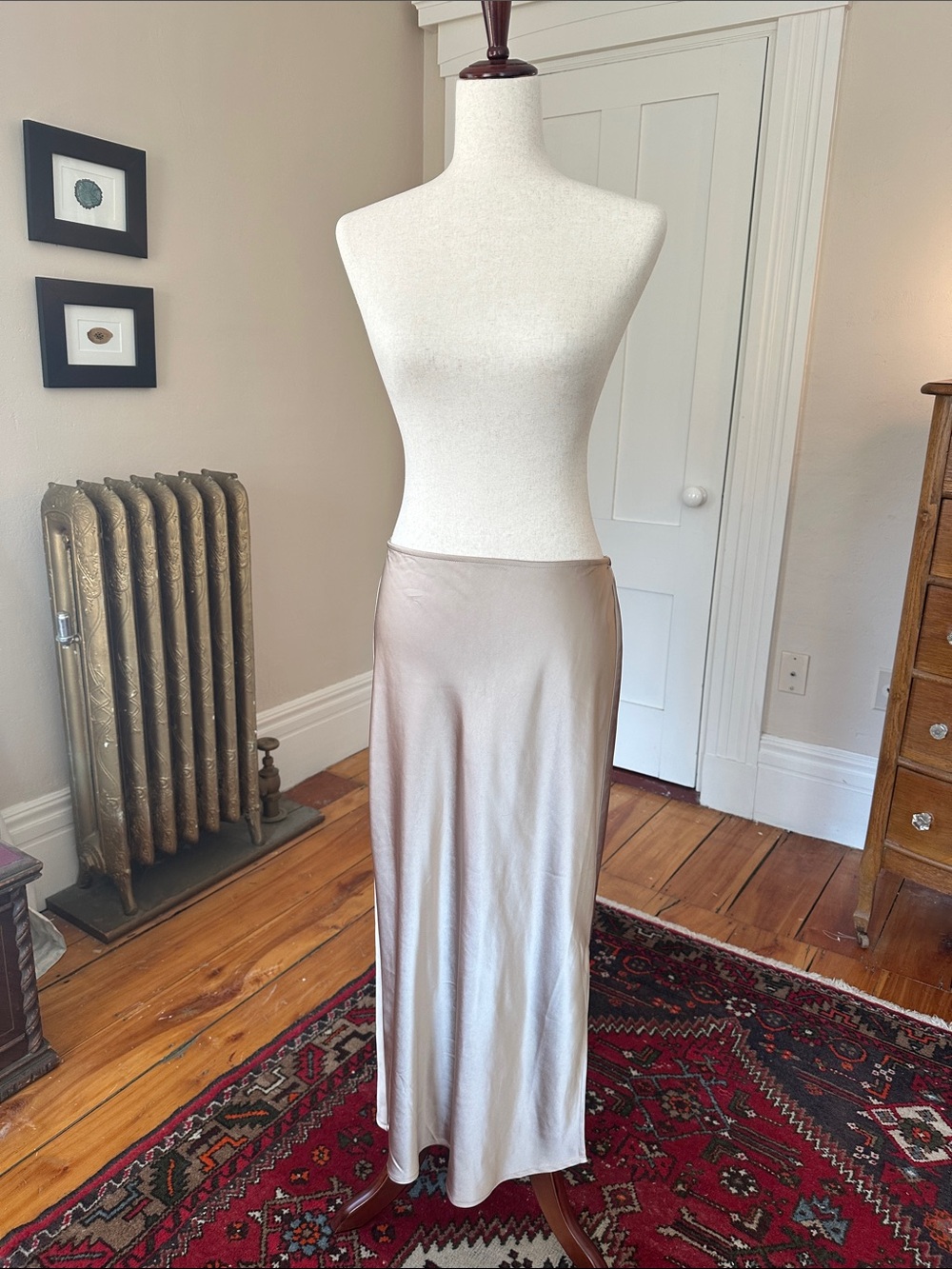 Silky gold pencil midi skirt with side slit